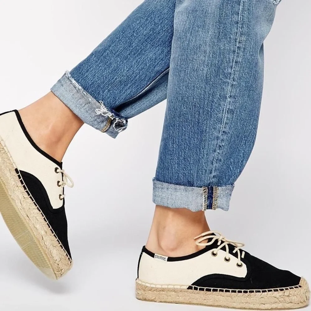 Soludos black and beige color block derby lace up espadrilles nwot